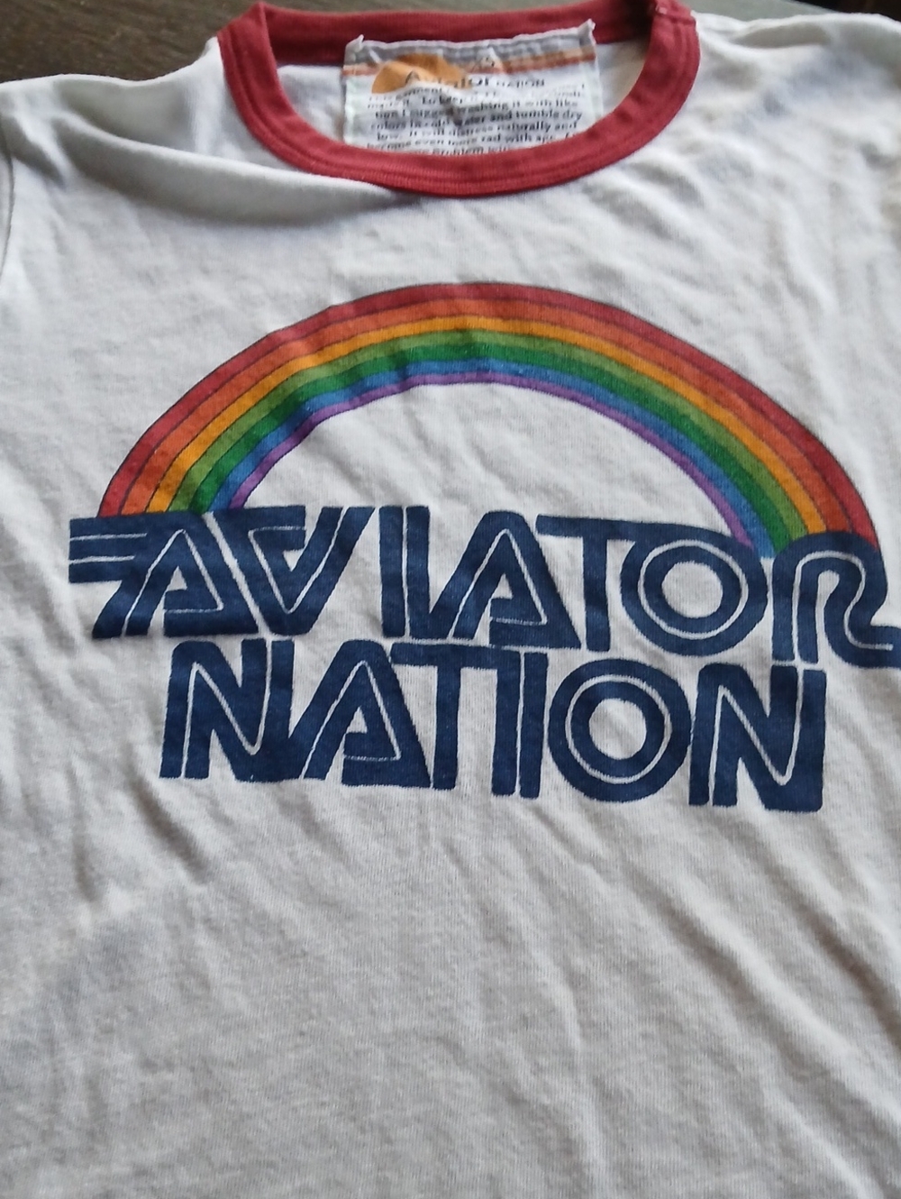 Aviator Nation White Womens Tee with Rainbow Graphic and Red Trim